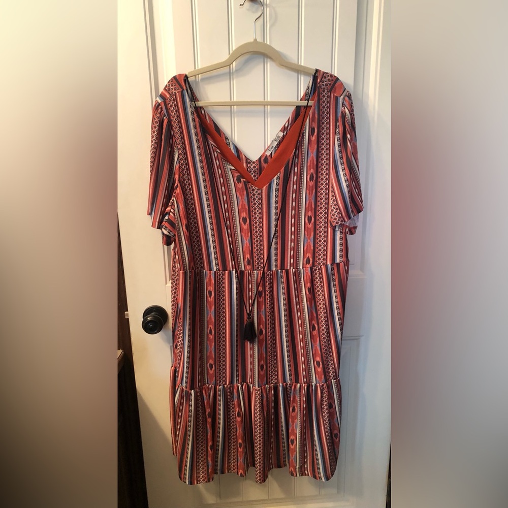 Dex Tiered V-Neck Midi Dress in Coral and Navy Stripe